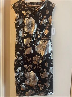 Roz & Ali Black Midi Dress with Gold Floral Jacquard